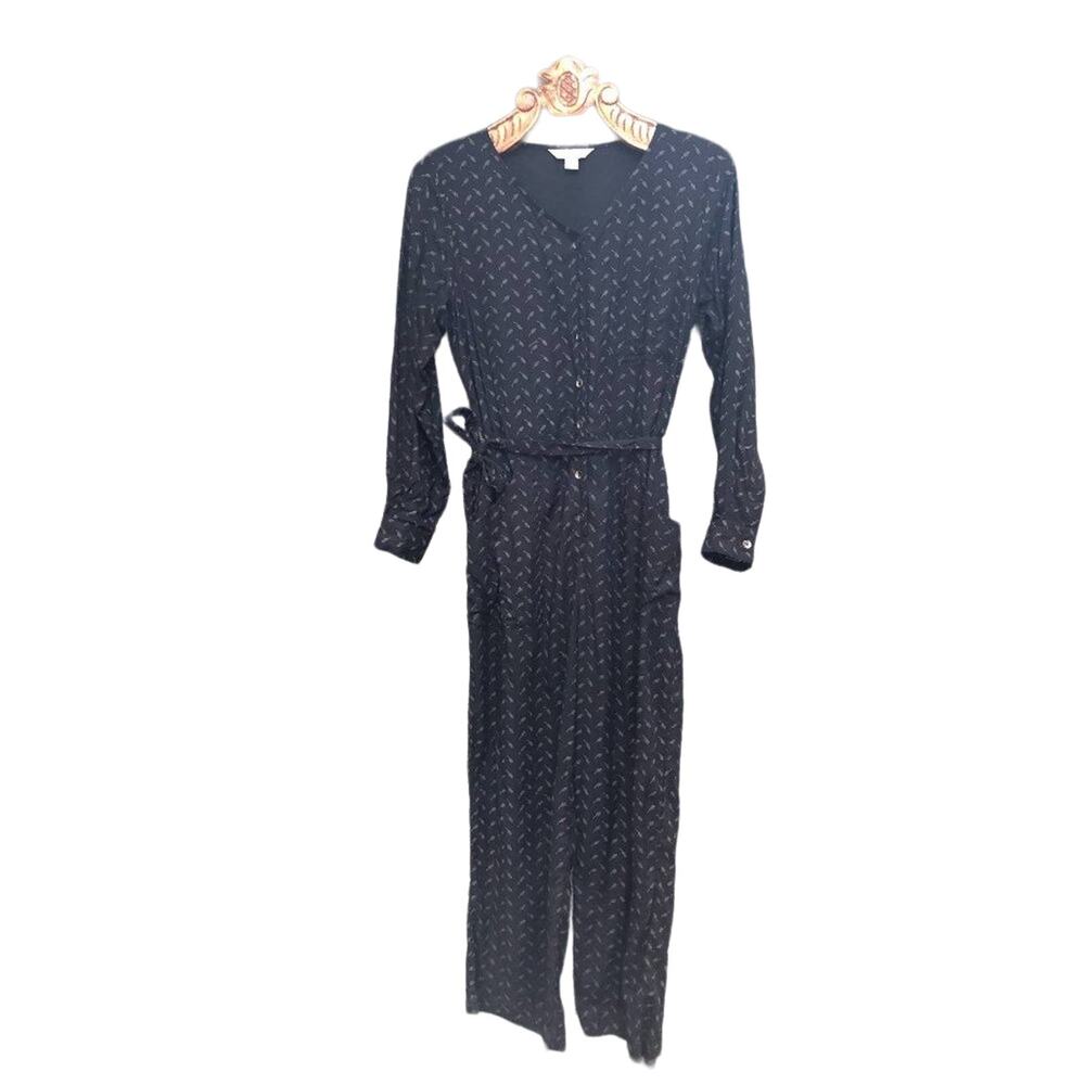 April Cornell Shell Button Front Leaf Print Tie Waist Jumpsuit